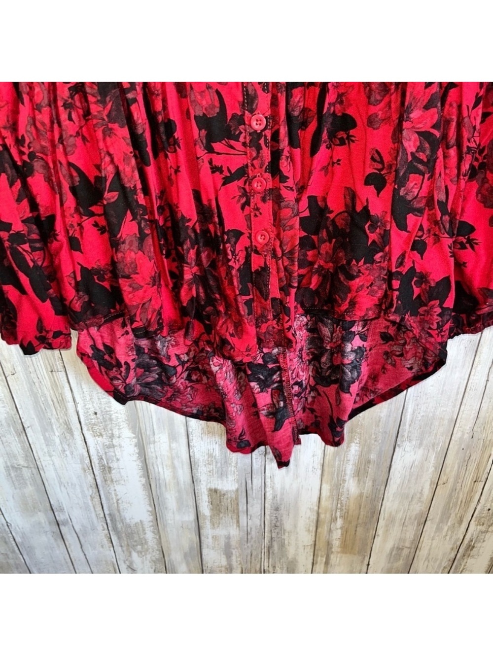 Torrid Smocked Babydoll Tunic 2X Red Black Floral Button Front High Low Top - Picture 6 of 8
